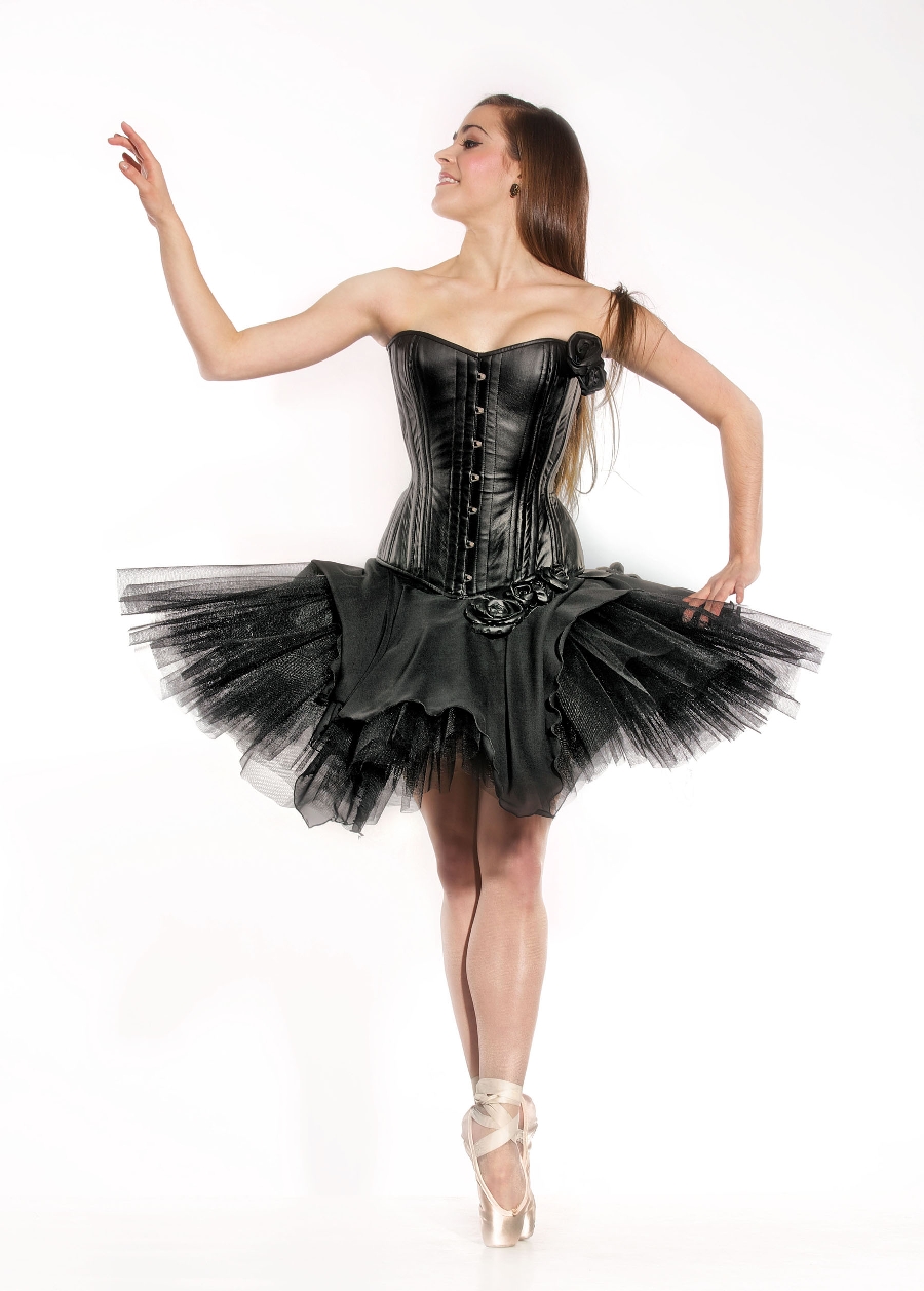 Auburn Ballet Girl with Bare Legs wearing Black Tutu
